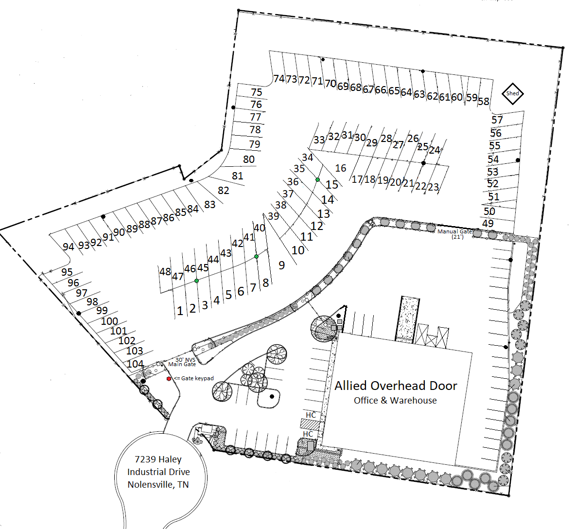 Illustrated layout of Nolensville Vehicle Storage next to Allied Overhead Door office and warehouse at 7239 Haley Industrial Drive, Nolensville, TN, showing numbered parking spaces and surrounding landscape features.